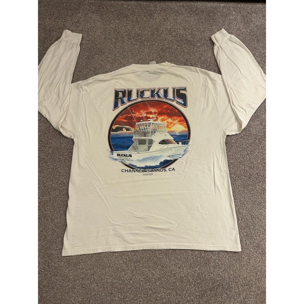 Hanes Ruckus Fishing Boat Shirt Mens XL Cream Long Sleeve Graphic Tee Good